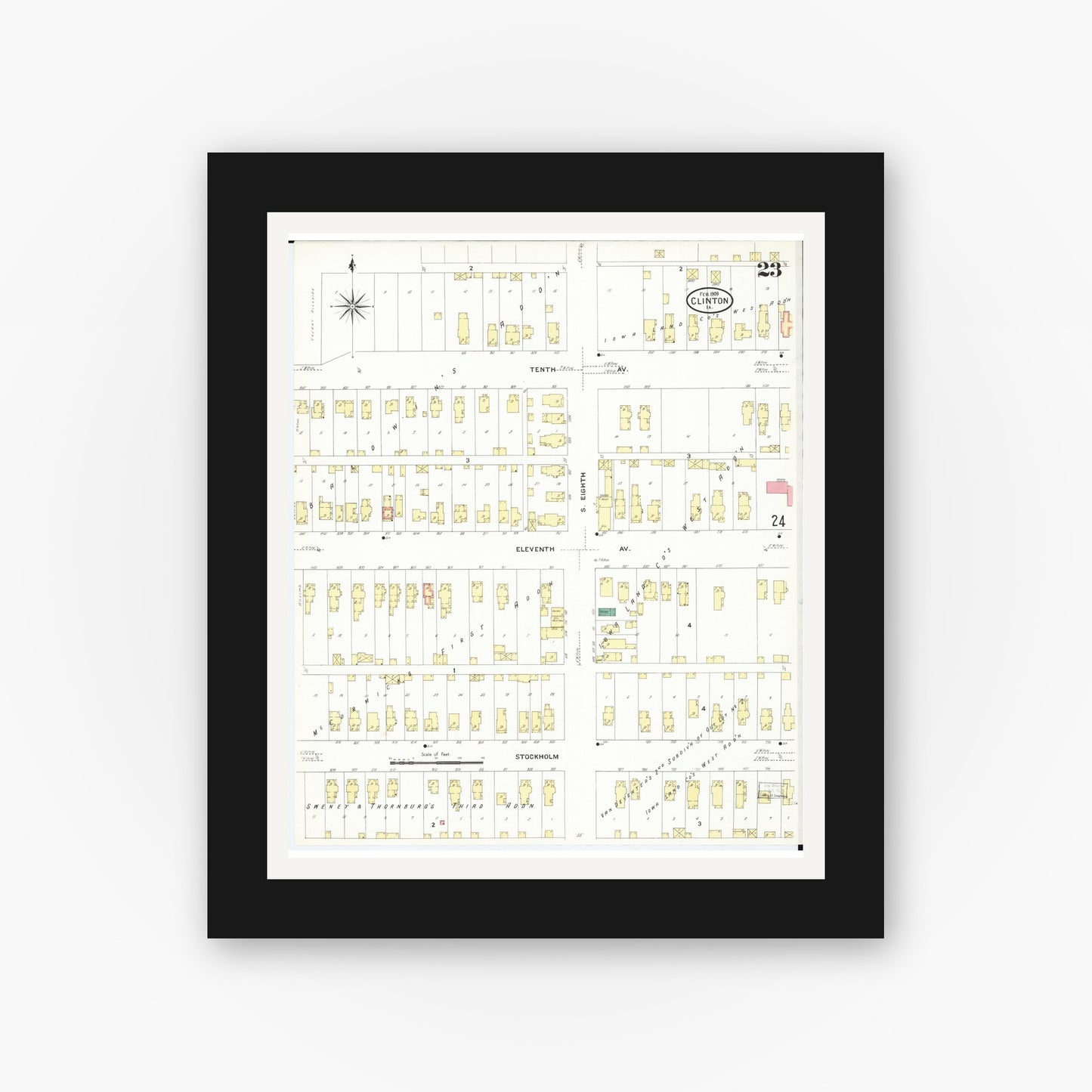 Old map wall art mockup — black gallery frame with white mat — Sanborn Fire Insurance Map from Clinton, Clinton County, Iowa (1909), Sheet #0023