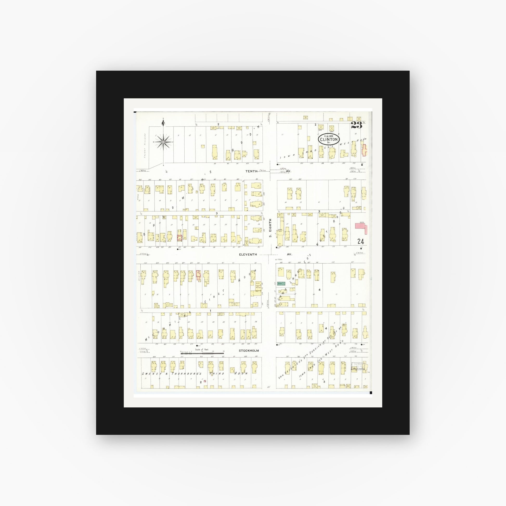 Old map wall art mockup — black gallery frame with white mat — Sanborn Fire Insurance Map from Clinton, Clinton County, Iowa (1909), Sheet #0023
