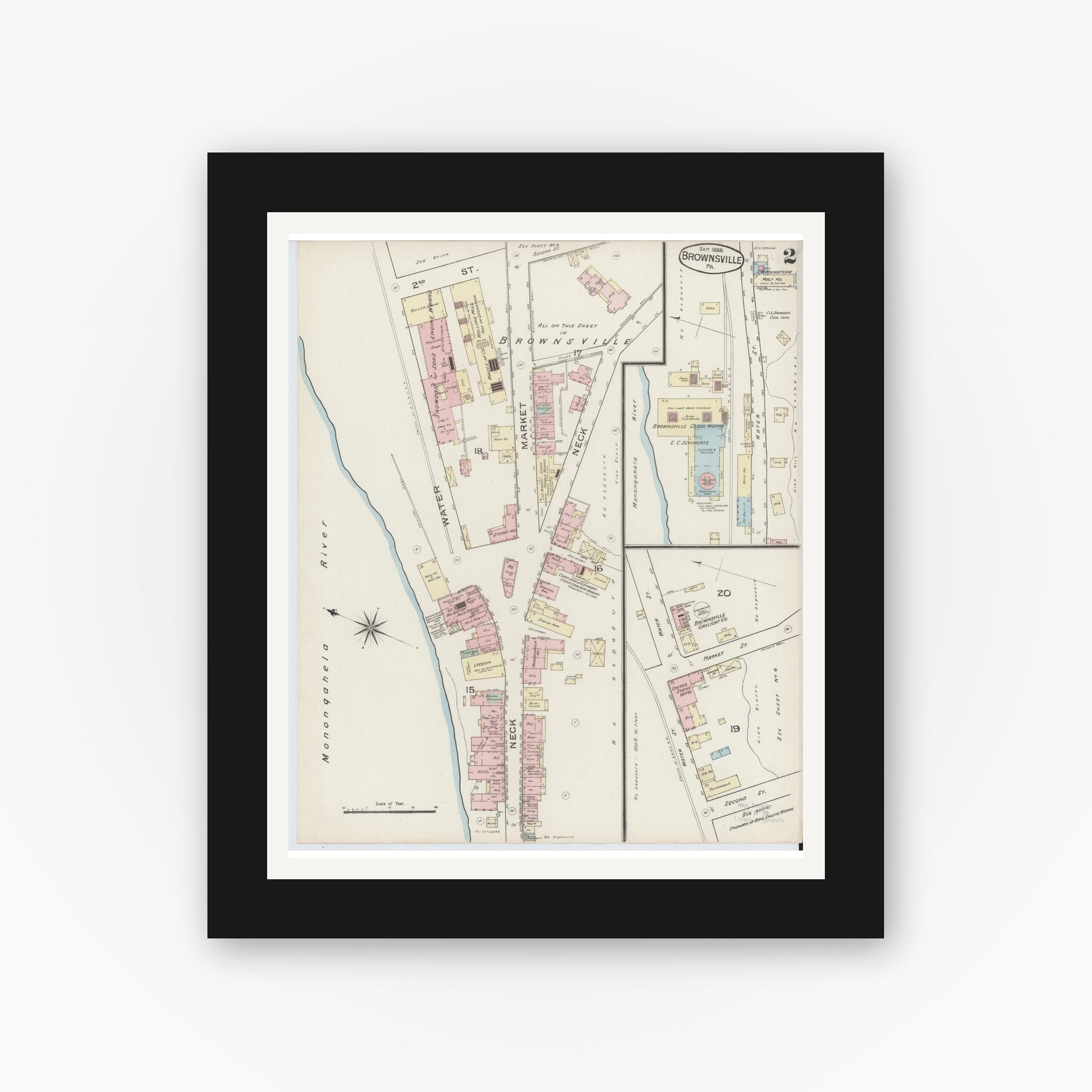 Old map wall art mockup — black gallery frame with white mat — Sanborn Fire Insurance Map from Brownsville, Fayette County, Pennsylvania (1886), Sheet #0002