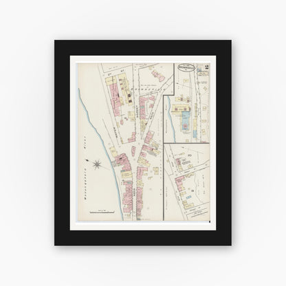 Old map wall art mockup — black gallery frame with white mat — Sanborn Fire Insurance Map from Brownsville, Fayette County, Pennsylvania (1886), Sheet #0002