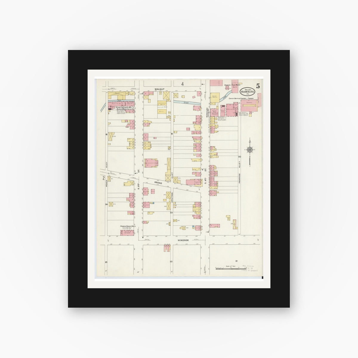 Old map wall art mockup — black gallery frame with white mat — Sanborn Fire Insurance Map from Hamburg, Berks County, Pennsylvania (1910), Sheet #0005