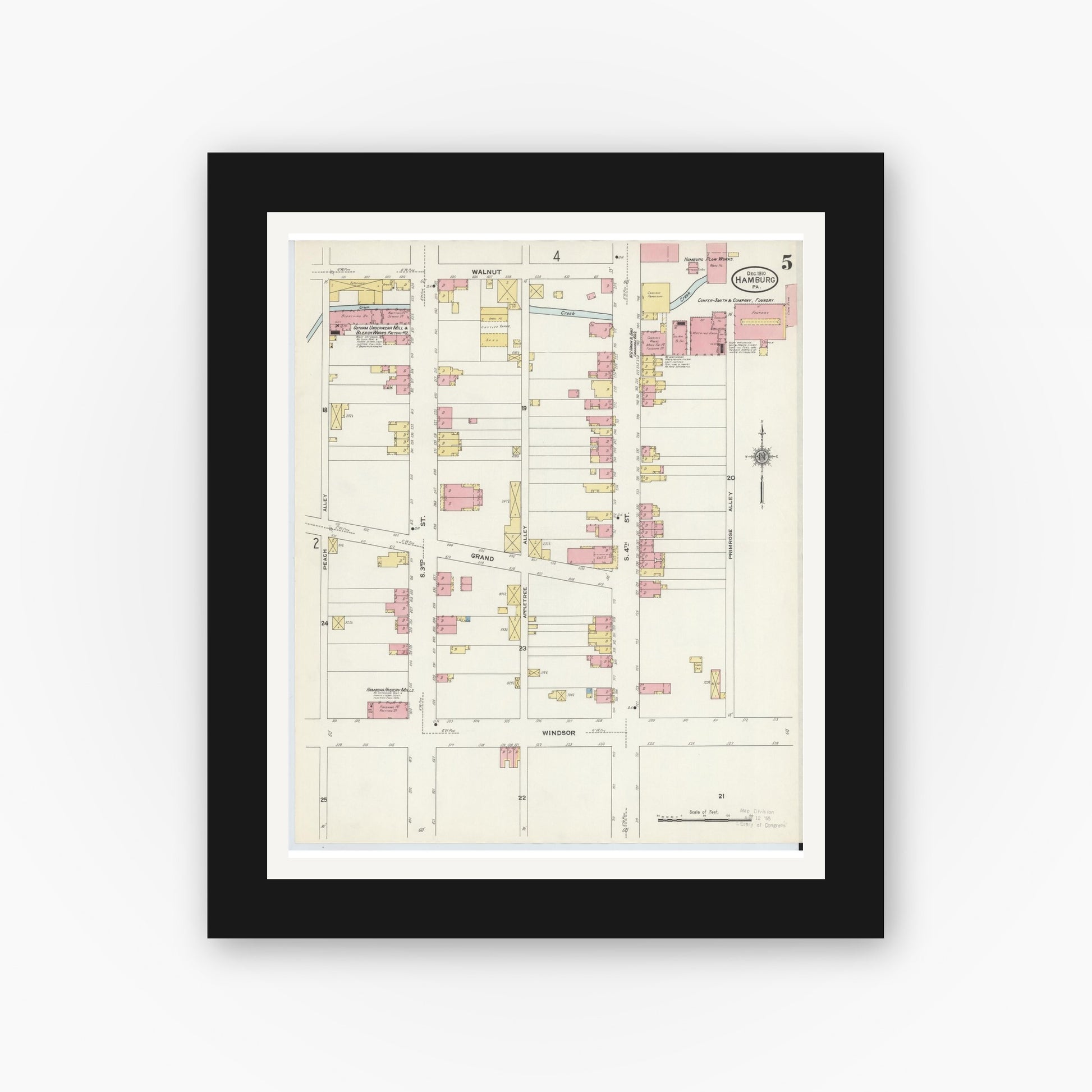 Old map wall art mockup — black gallery frame with white mat — Sanborn Fire Insurance Map from Hamburg, Berks County, Pennsylvania (1910), Sheet #0005