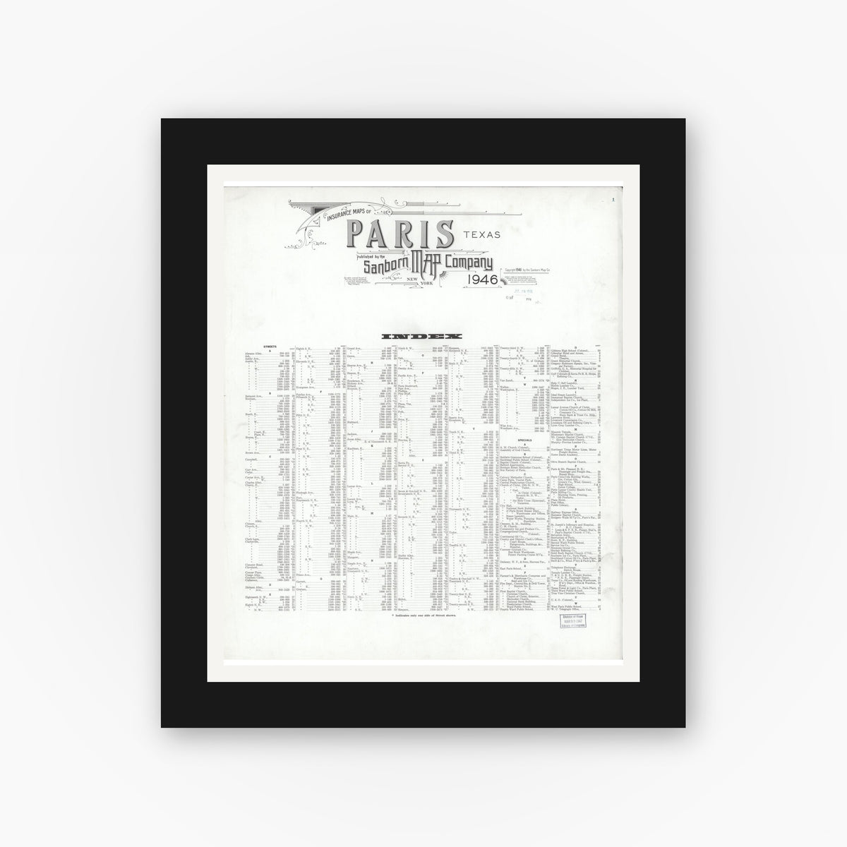 Old map wall art mockup — black gallery frame with white mat — Sanborn Fire Insurance Map from Paris, Lamar County, Texas (1946), Sheet #0001
