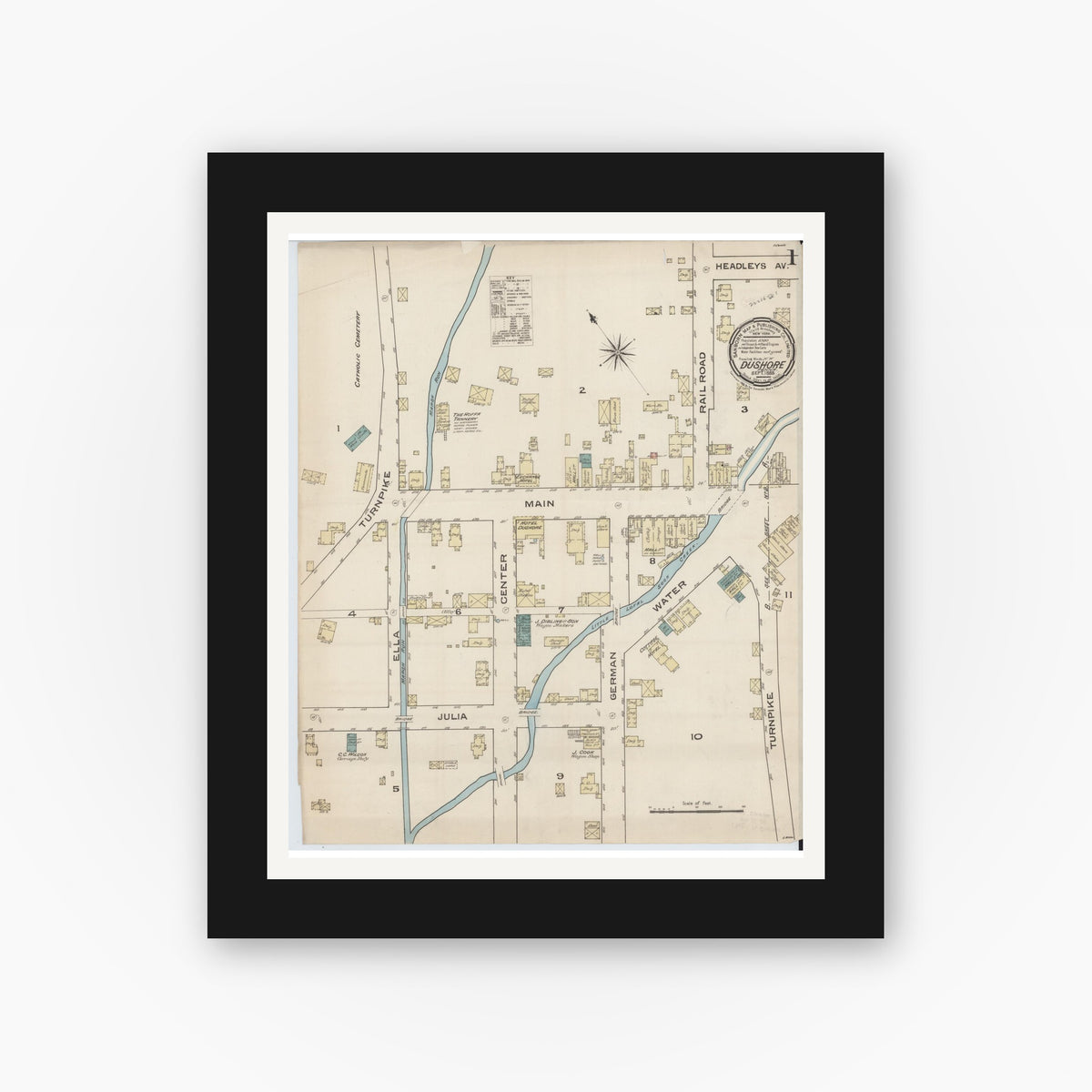 Old map wall art mockup — black gallery frame with white mat — Sanborn Fire Insurance Map from Dushore, Sullivan County, Pennsylvania (1885) - Complete Map Set