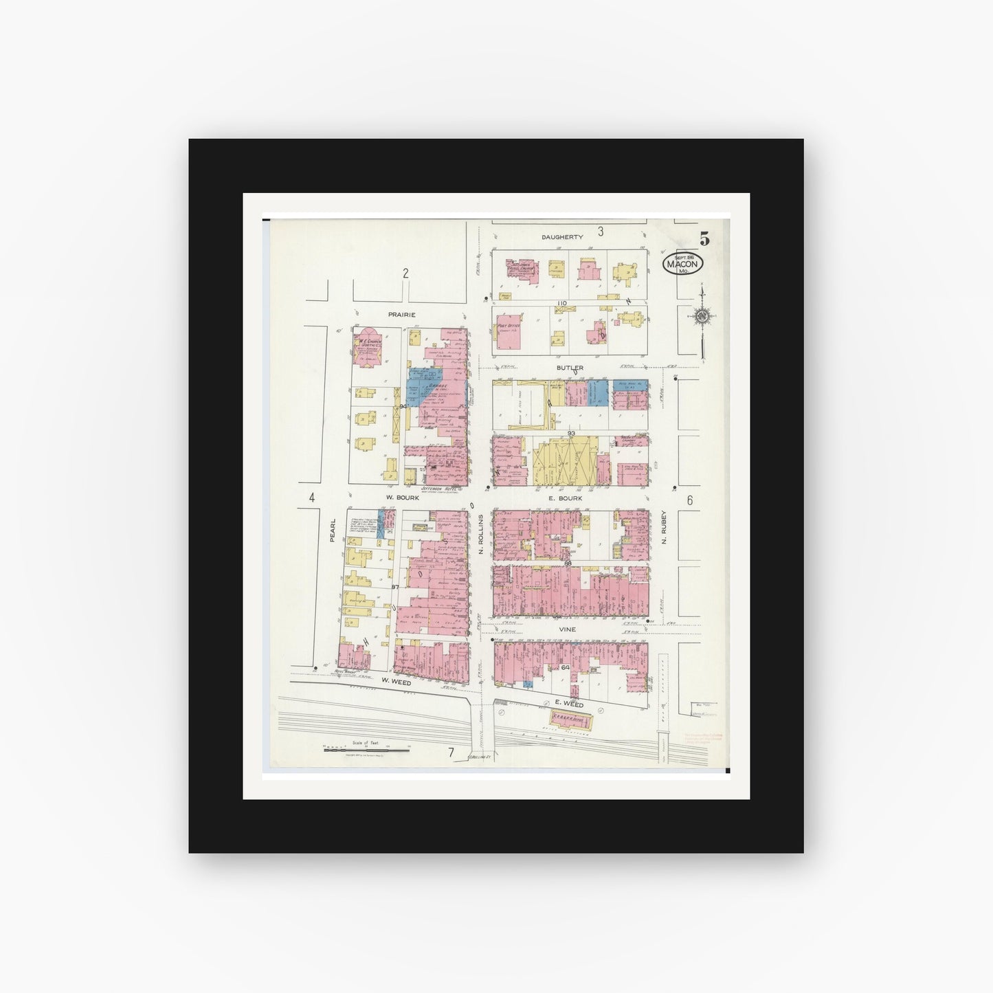 Old map wall art mockup — black gallery frame with white mat — Sanborn Fire Insurance Map from Macon, Macon County, Missouri (1916), Sheet #0005
