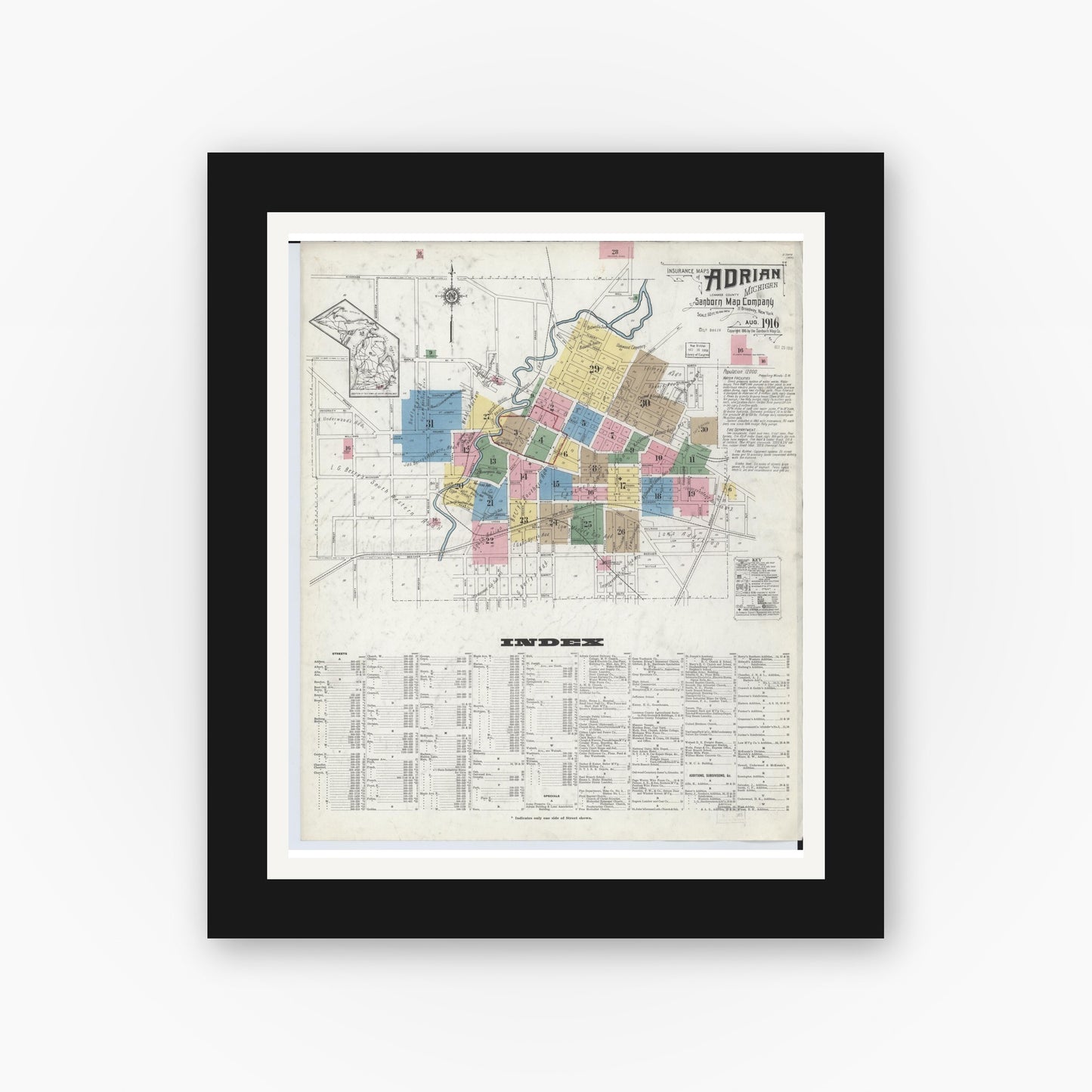 Old map wall art mockup — black gallery frame with white mat — Sanborn Fire Insurance Map from Adrian, Lenawee County, Michigan (1916) - Complete Map Set