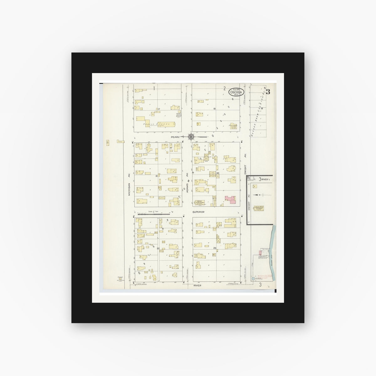 Old map wall art mockup — black gallery frame with white mat — Sanborn Fire Insurance Map from Oscoda, Iosco County, Michigan (1914), Sheet #0003