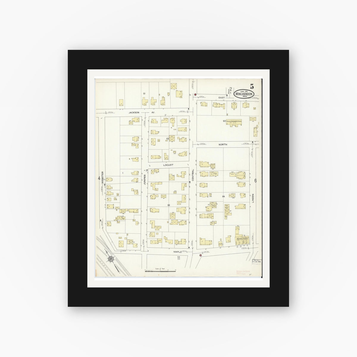 Old map wall art mockup — black gallery frame with white mat — Sanborn Fire Insurance Map from Winchendon, Worcester County, Massachusetts (1914), Sheet #0005