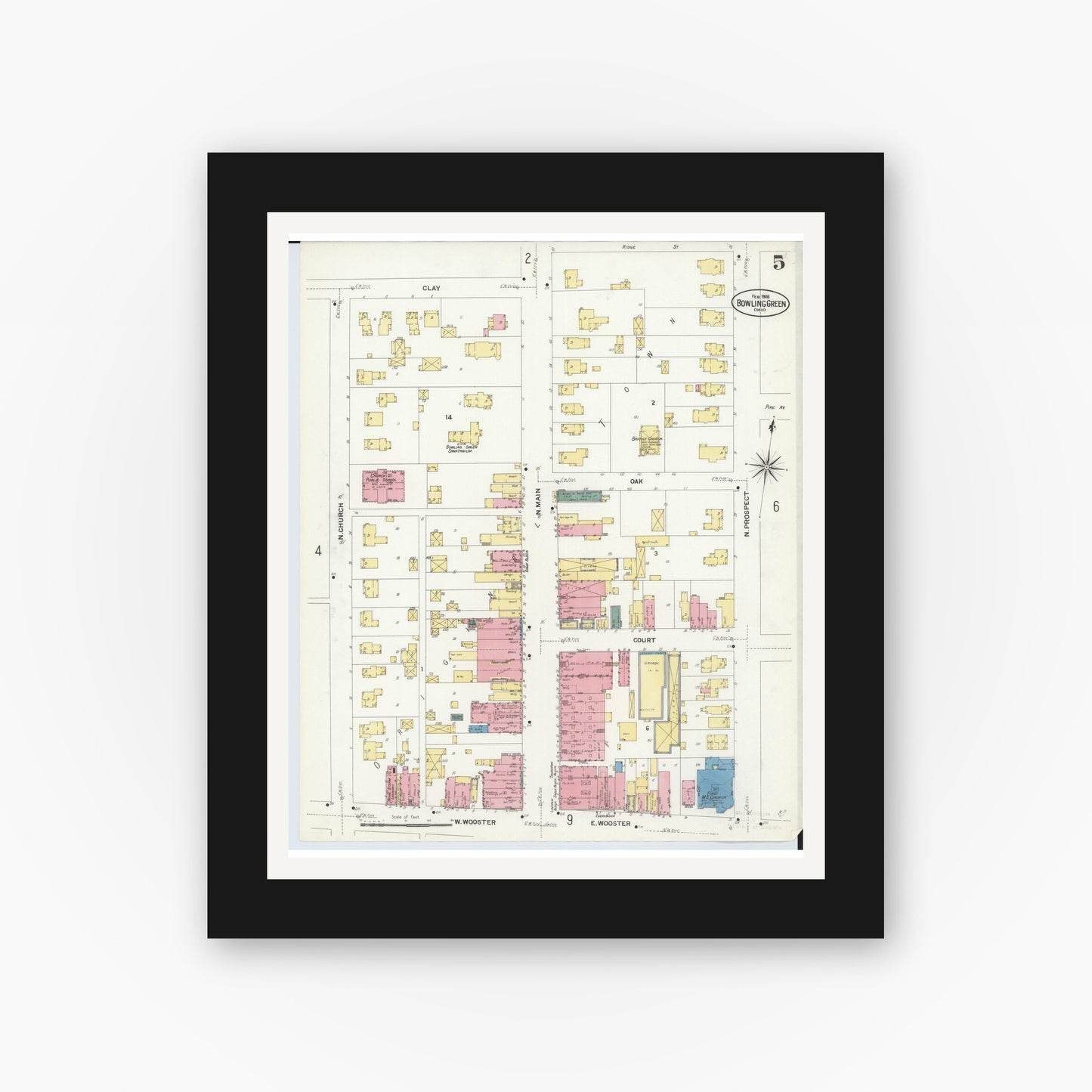 Old map wall art mockup — black gallery frame with white mat — Sanborn Fire Insurance Map from Bowling Green, Wood County, Ohio (1908), Sheet #0005