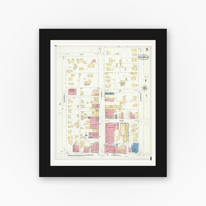 Old map wall art mockup — black gallery frame with white mat — Sanborn Fire Insurance Map from Bowling Green, Wood County, Ohio (1908), Sheet #0005