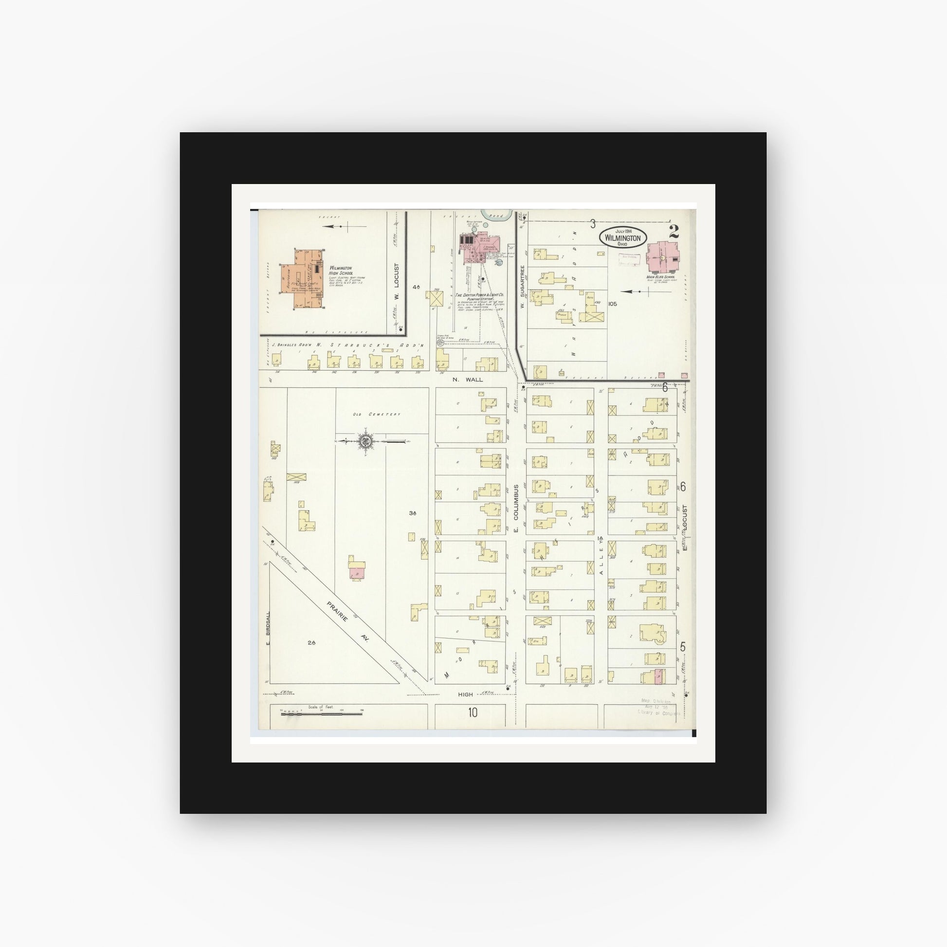 Old map wall art mockup — black gallery frame with white mat — Sanborn Fire Insurance Map from Wilmington, Clinton County, Ohio (1914), Sheet #0002