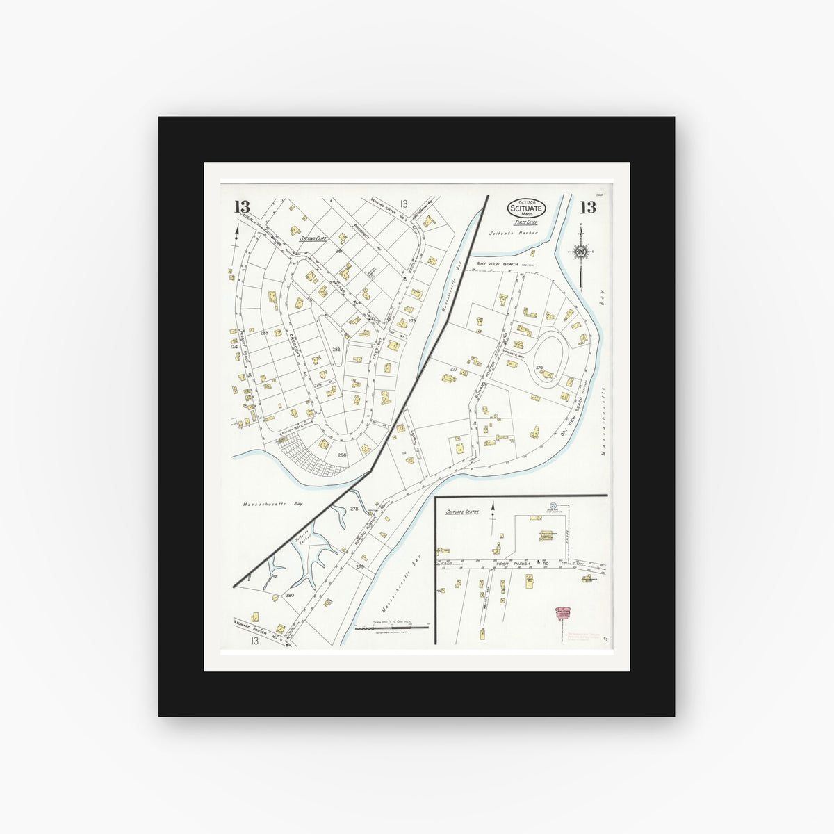 Old map wall art mockup — black gallery frame with white mat — Sanborn Fire Insurance Map from Scituate, Plymouth County, Massachusetts (1926), Sheet #0013