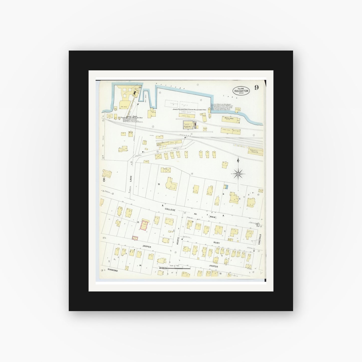 Old map wall art mockup — black gallery frame with white mat — Sanborn Fire Insurance Map from Houghton, Houghton County, Michigan (1908), Sheet #0009