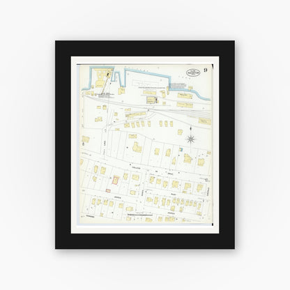 Old map wall art mockup — black gallery frame with white mat — Sanborn Fire Insurance Map from Houghton, Houghton County, Michigan (1908), Sheet #0009