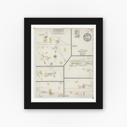 Old map wall art mockup — black gallery frame with white mat — Sanborn Fire Insurance Map from Oxford, Oakland County, Michigan (1890), Sheet #0001