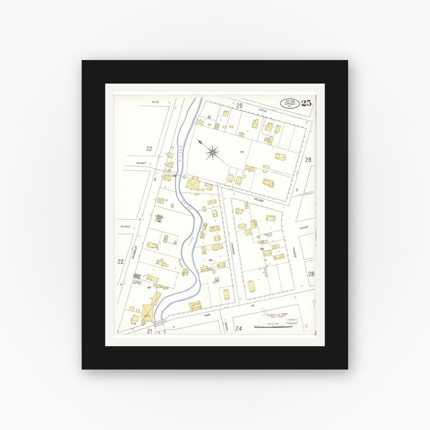 Old map wall art mockup — black gallery frame with white mat — Sanborn Fire Insurance Map from Chico, Butte County, California (1909), Sheet #0025