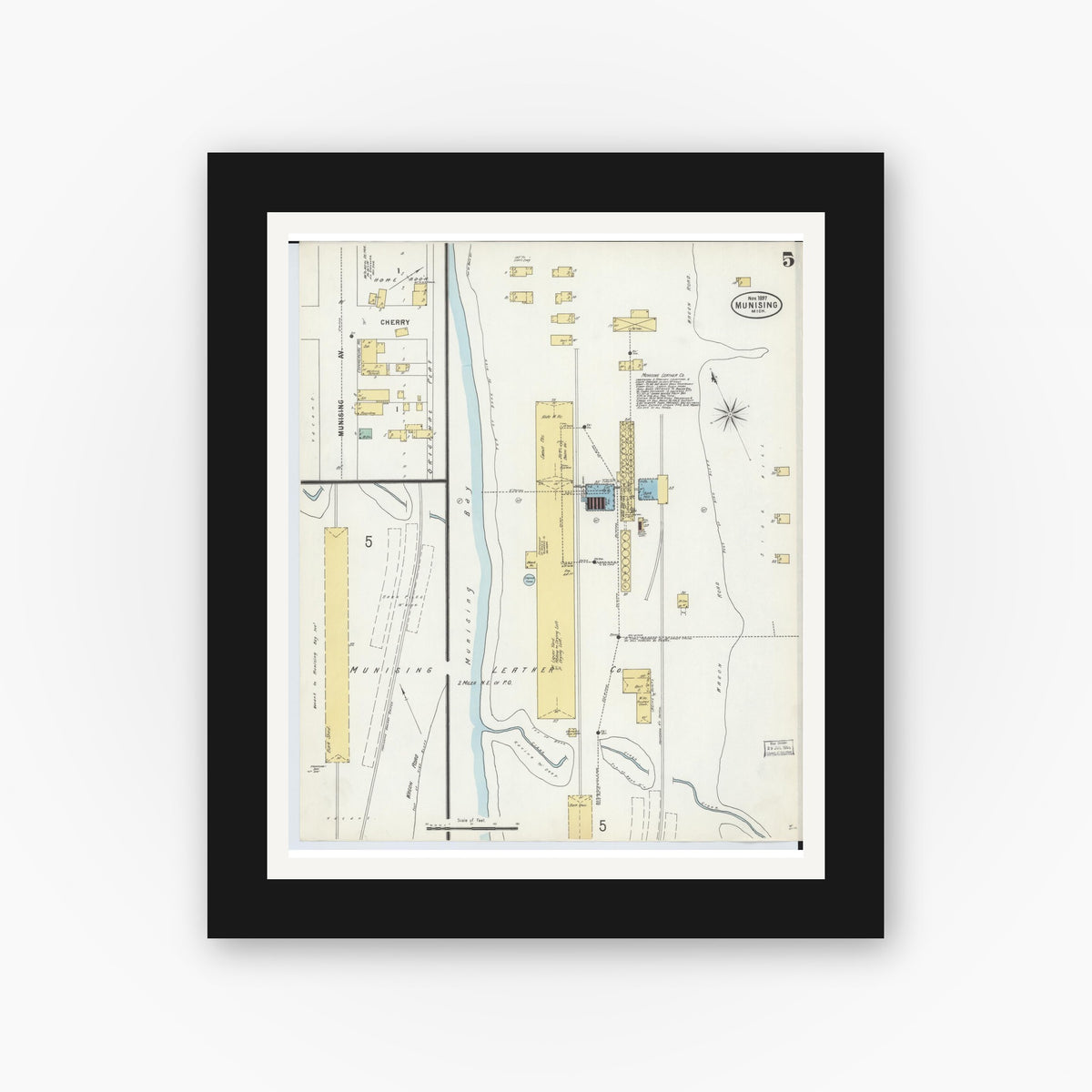 Old map wall art mockup — black gallery frame with white mat — Sanborn Fire Insurance Map from Munising, Alger County, Michigan (1897), Sheet #0005