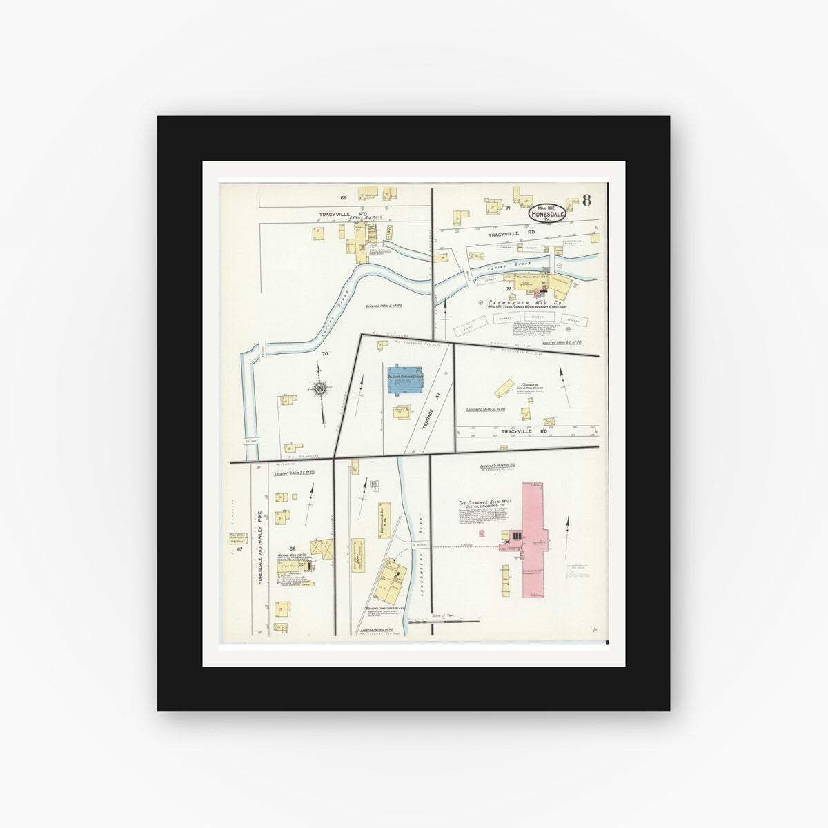 Old map wall art mockup — black gallery frame with white mat — Sanborn Fire Insurance Map from Honesdale, Wayne County, Pennsylvania (1912), Sheet #0008