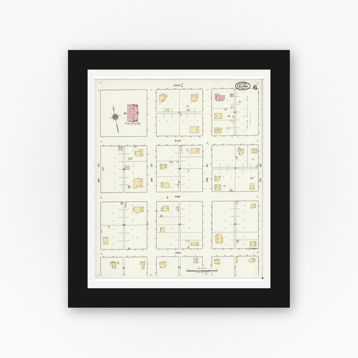 Old map wall art mockup — black gallery frame with white mat — Sanborn Fire Insurance Map from Celina, Collin County, Texas (1920), Sheet #0006