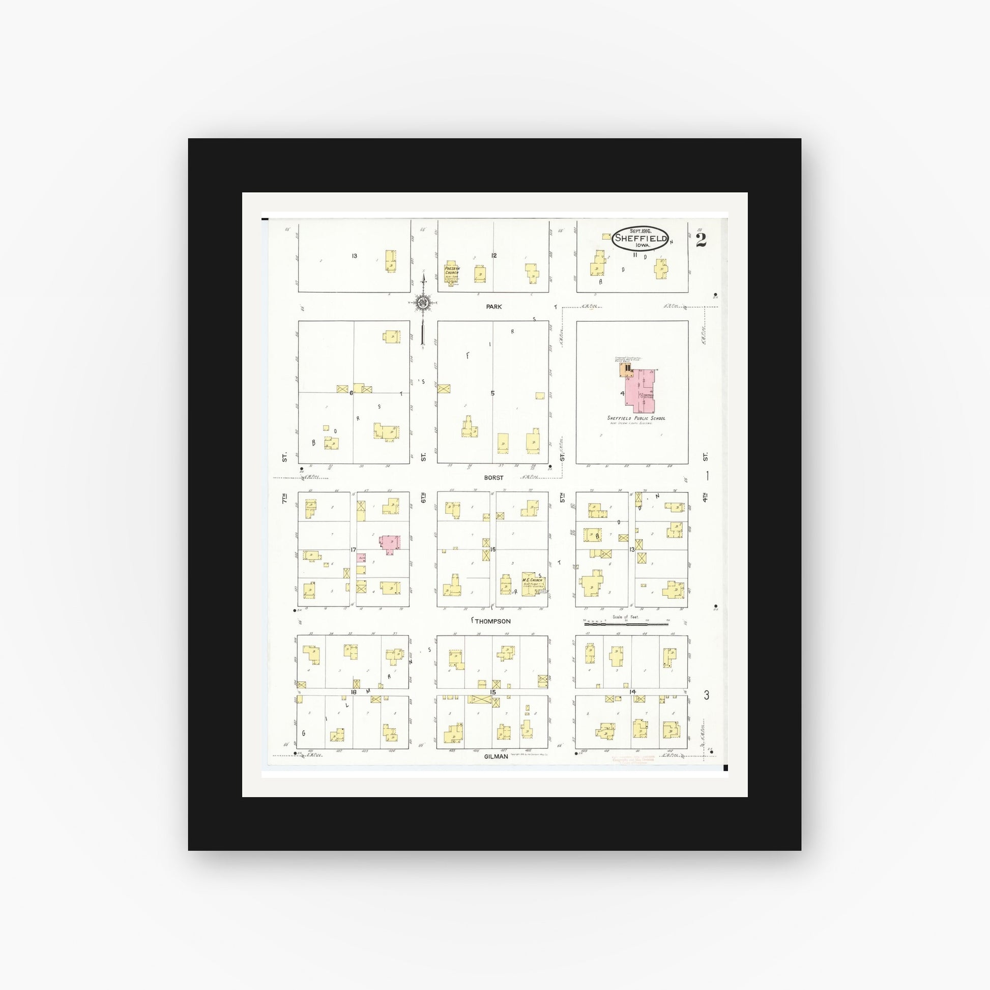 Old map wall art mockup — black gallery frame with white mat — Sanborn Fire Insurance Map from Sheffield, Franklin County, Iowa (1916), Sheet #0002