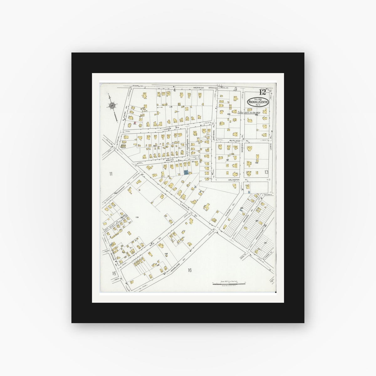 Old map wall art mockup — black gallery frame with white mat — Sanborn Fire Insurance Map from Rockville Centre, Nassau County, New York (1919), Sheet #0012