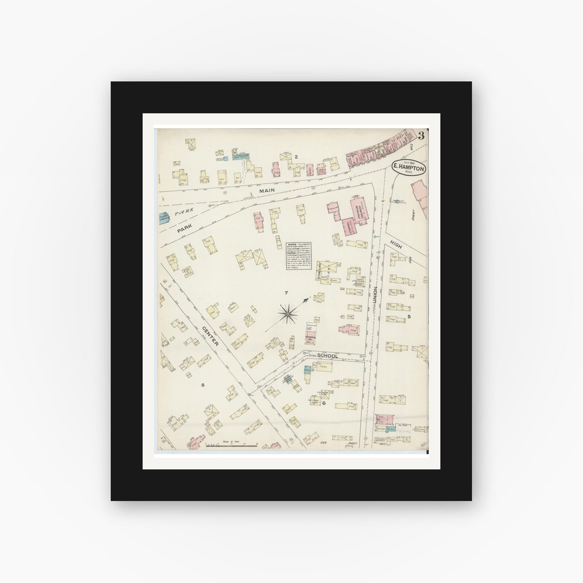 Old map wall art mockup — black gallery frame with white mat — Sanborn Fire Insurance Map from East Hampton, Hampshire County, Massachusetts (1884), Sheet #0003
