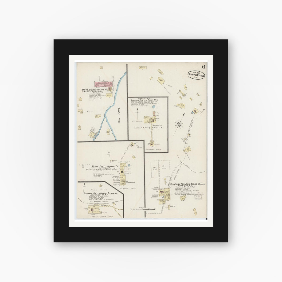 Old map wall art mockup — black gallery frame with white mat — Sanborn Fire Insurance Map from Trinity College, Randolph County, North Carolina (1885), Sheet #0006