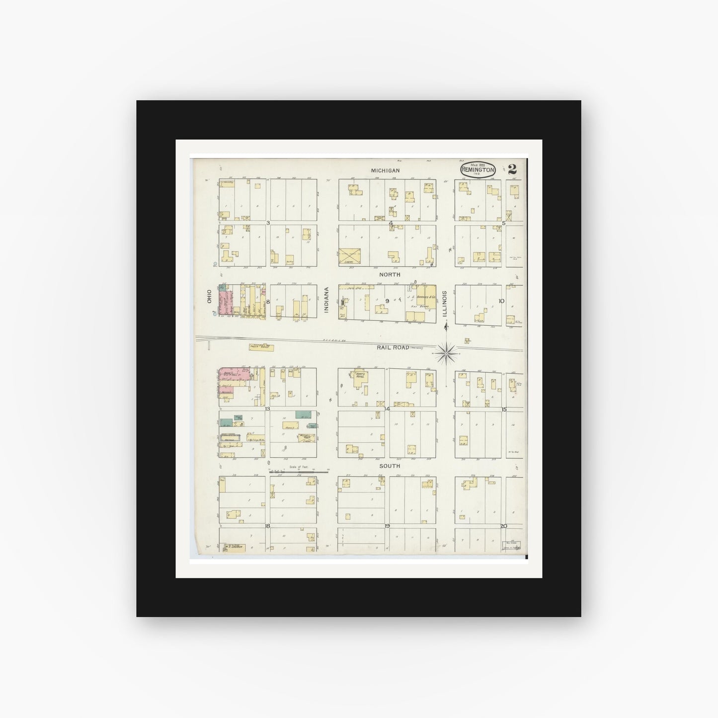 Old map wall art mockup — black gallery frame with white mat — Sanborn Fire Insurance Map from Remington, Jasper County, Indiana (1893), Sheet #0002