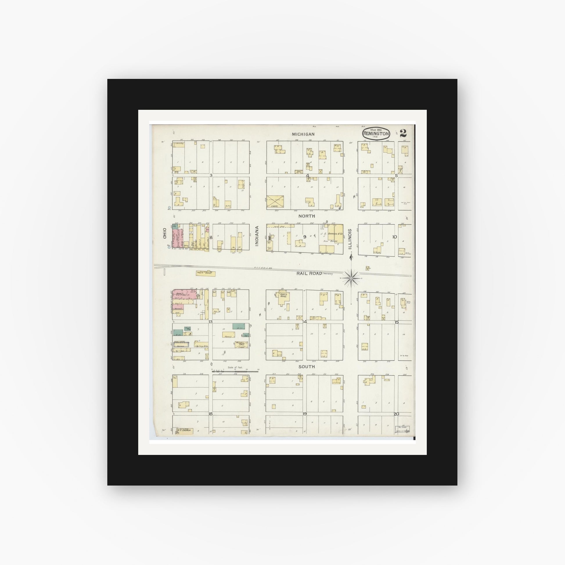 Old map wall art mockup — black gallery frame with white mat — Sanborn Fire Insurance Map from Remington, Jasper County, Indiana (1893), Sheet #0002