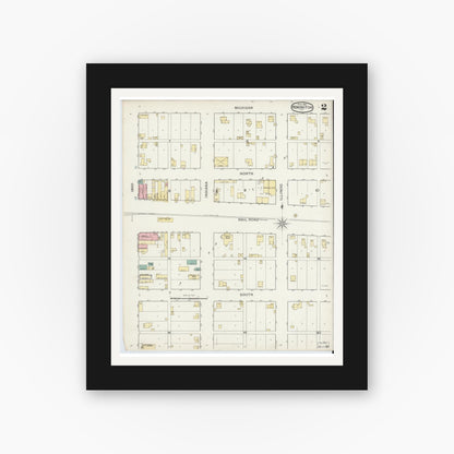 Old map wall art mockup — black gallery frame with white mat — Sanborn Fire Insurance Map from Remington, Jasper County, Indiana (1893), Sheet #0002