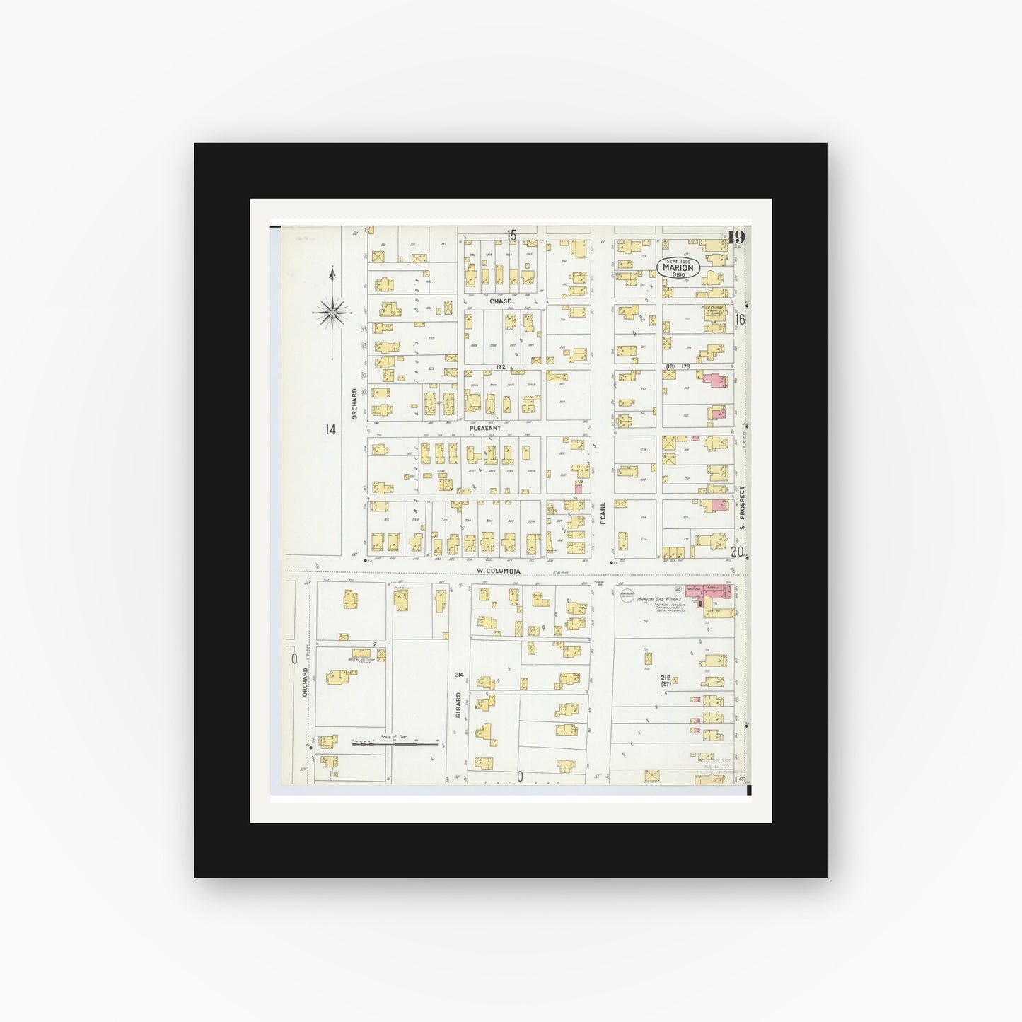 Old map wall art mockup — black gallery frame with white mat — Sanborn Fire Insurance Map from Marion, Marion County, Ohio (1900), Sheet #0019
