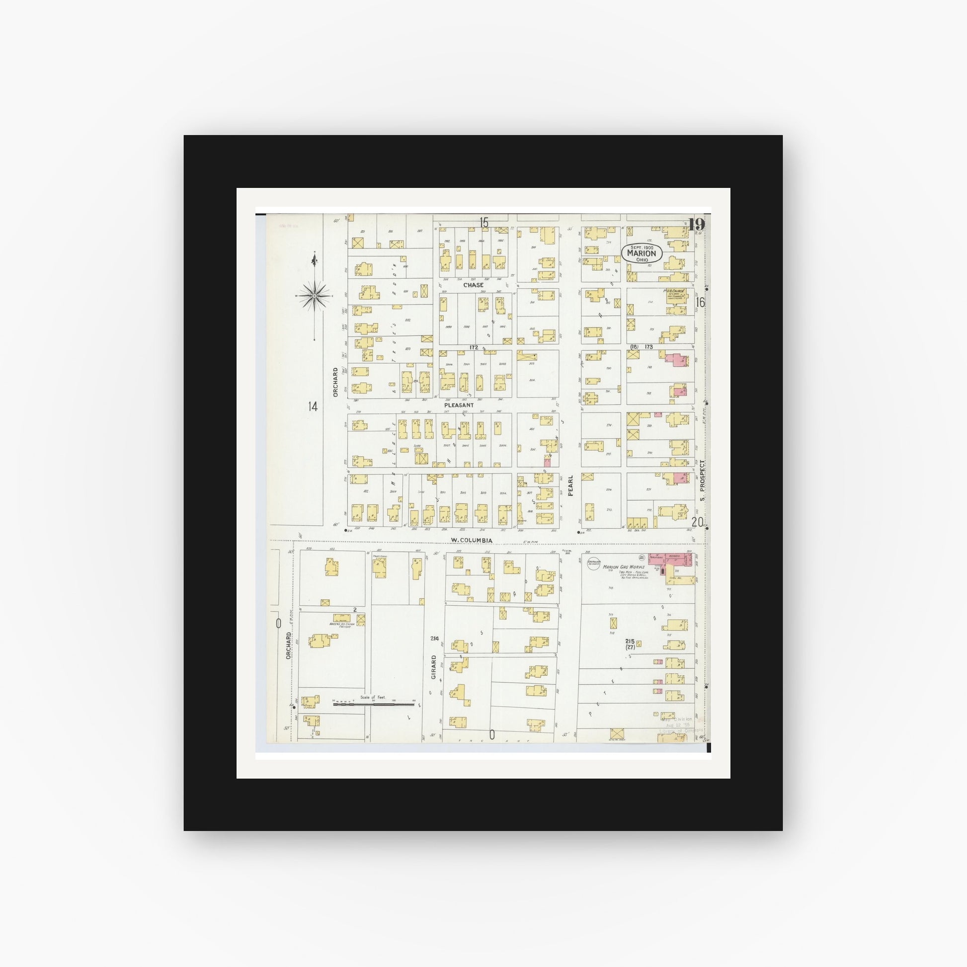 Old map wall art mockup — black gallery frame with white mat — Sanborn Fire Insurance Map from Marion, Marion County, Ohio (1900), Sheet #0019