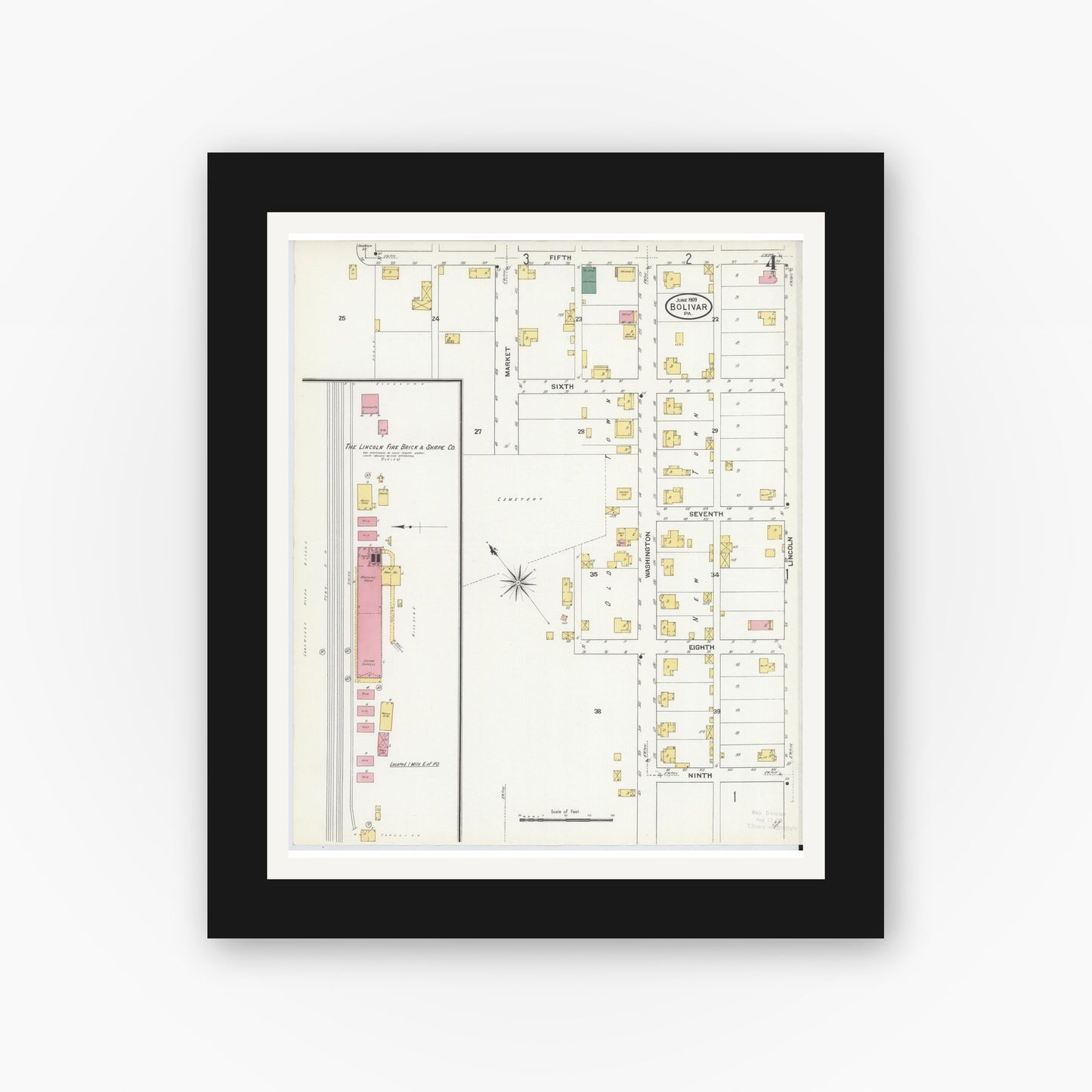 Old map wall art mockup — black gallery frame with white mat — Sanborn Fire Insurance Map from Bolivar, Westmoreland County, Pennsylvania (1909), Sheet #0004