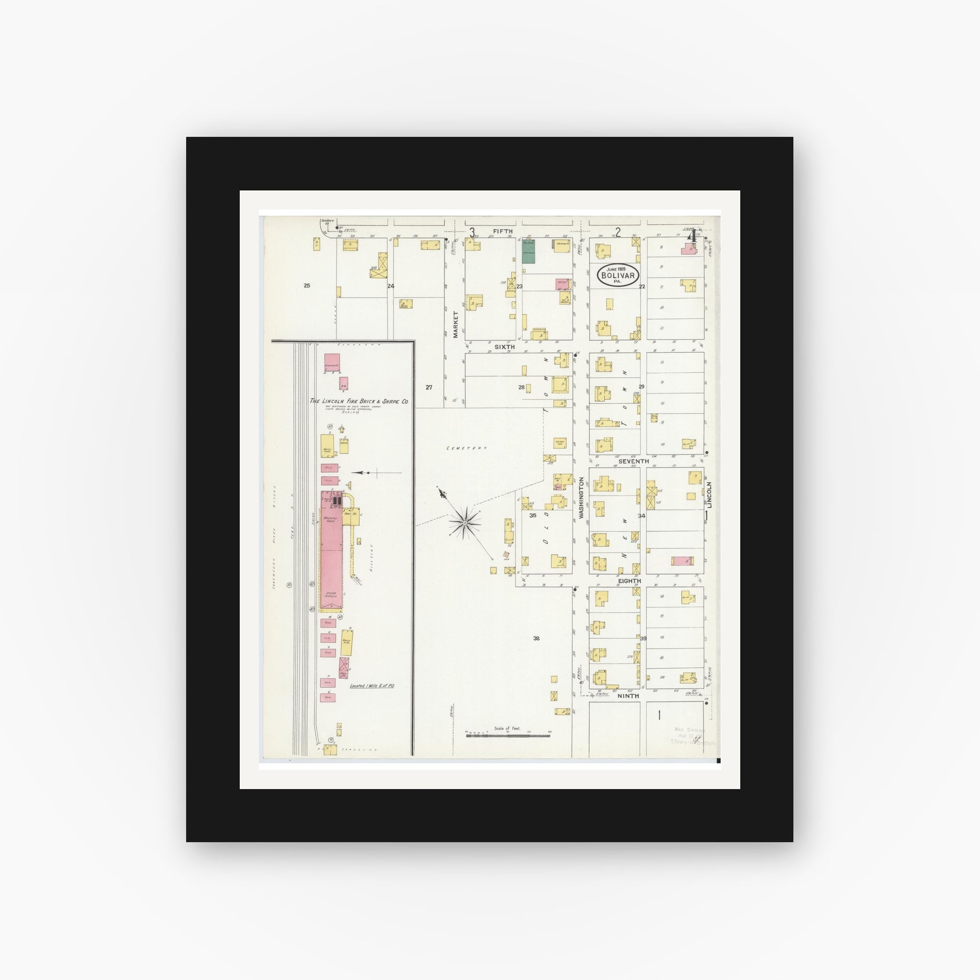 Old map wall art mockup — black gallery frame with white mat — Sanborn Fire Insurance Map from Bolivar, Westmoreland County, Pennsylvania (1909), Sheet #0004