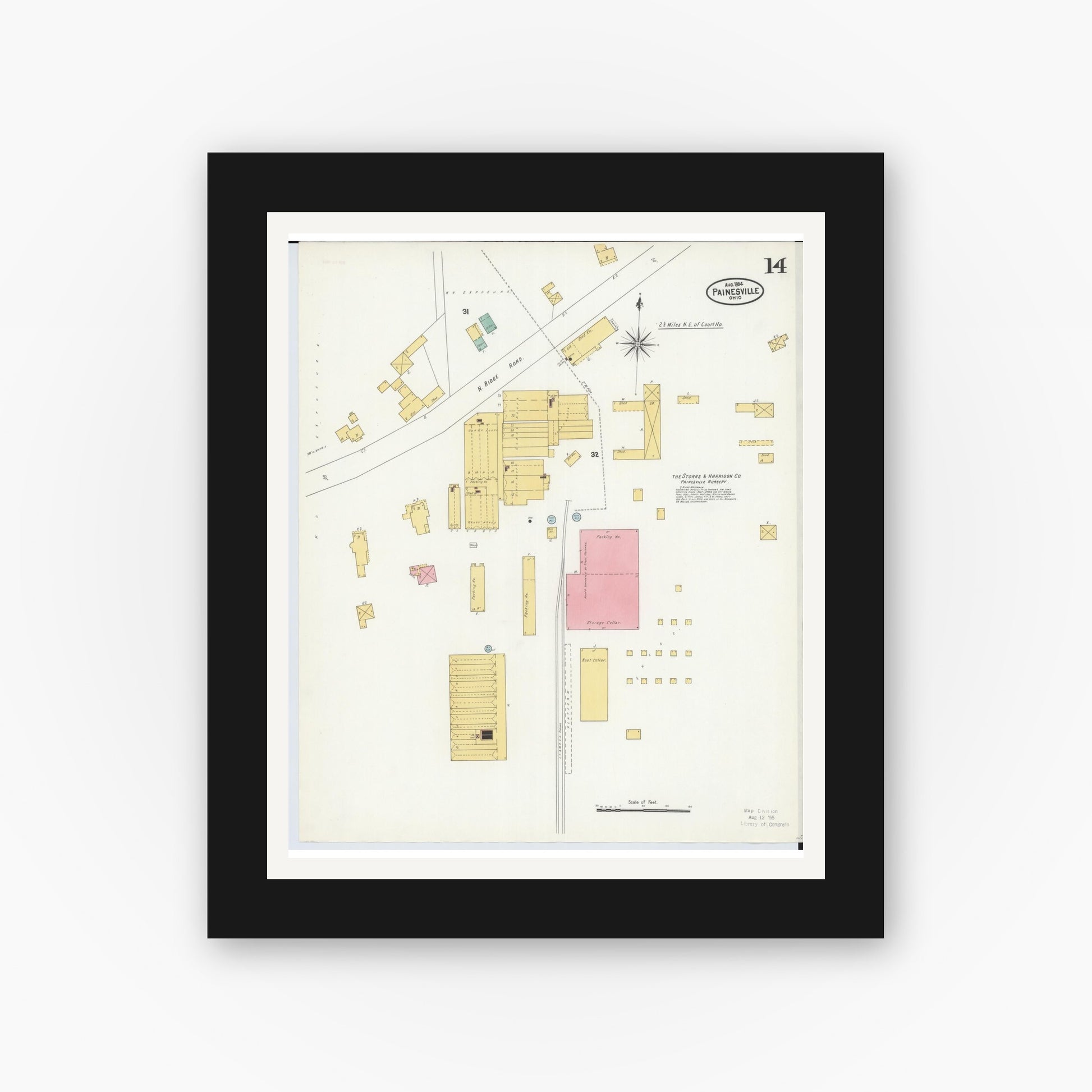 Old map wall art mockup — black gallery frame with white mat — Sanborn Fire Insurance Map from Painesville, Lake County, Ohio (1904), Sheet #0014