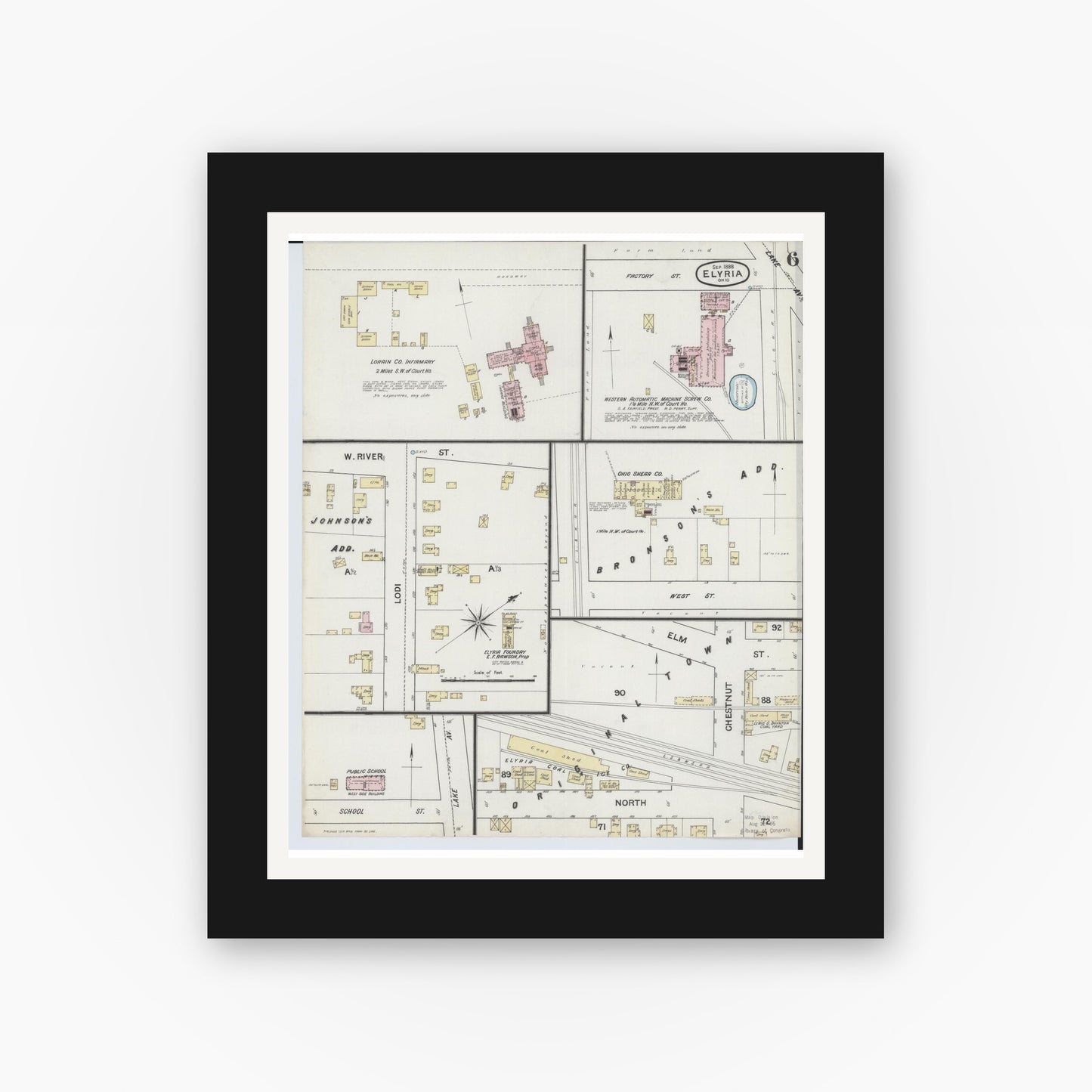 Old map wall art mockup — black gallery frame with white mat — Sanborn Fire Insurance Map from Elyria, Lorain County, Ohio (1888), Sheet #0006