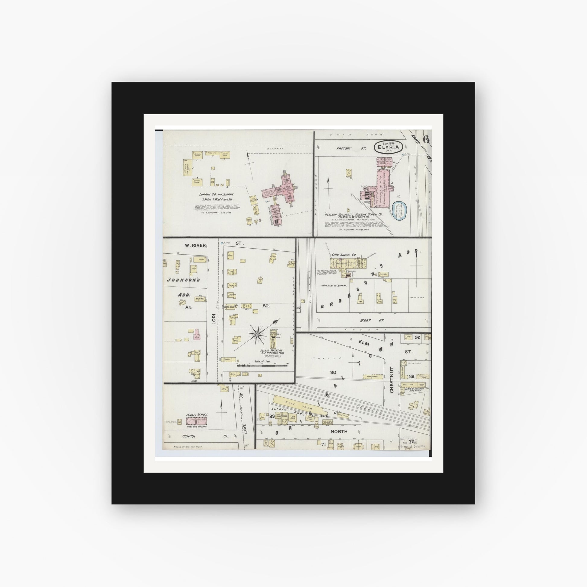 Old map wall art mockup — black gallery frame with white mat — Sanborn Fire Insurance Map from Elyria, Lorain County, Ohio (1888), Sheet #0006