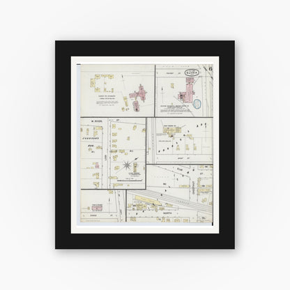 Old map wall art mockup — black gallery frame with white mat — Sanborn Fire Insurance Map from Elyria, Lorain County, Ohio (1888), Sheet #0006