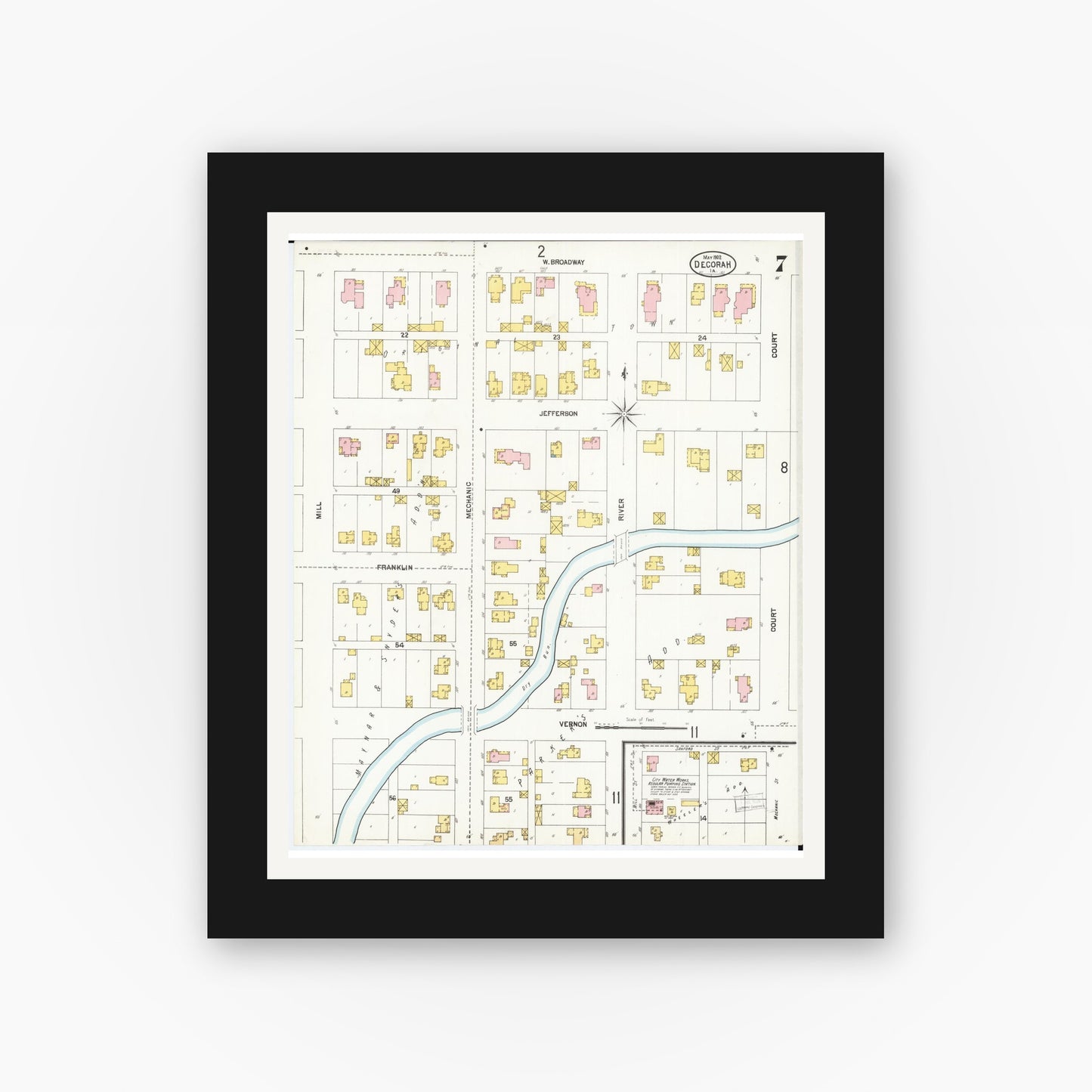 Old map wall art mockup — black gallery frame with white mat — Sanborn Fire Insurance Map from Decorah, Winneshiek County, Iowa (1902), Sheet #0007