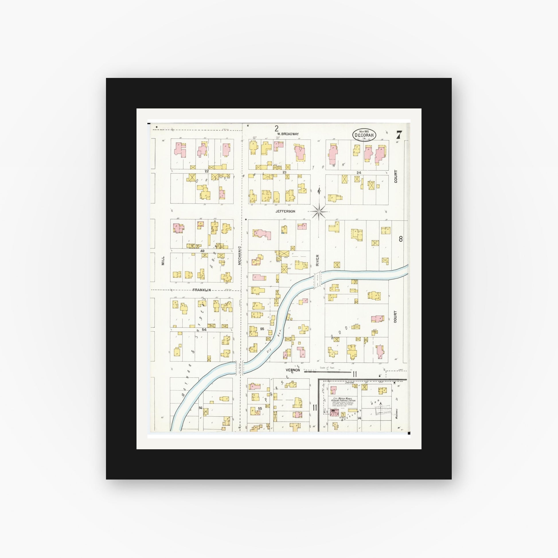 Old map wall art mockup — black gallery frame with white mat — Sanborn Fire Insurance Map from Decorah, Winneshiek County, Iowa (1902), Sheet #0007