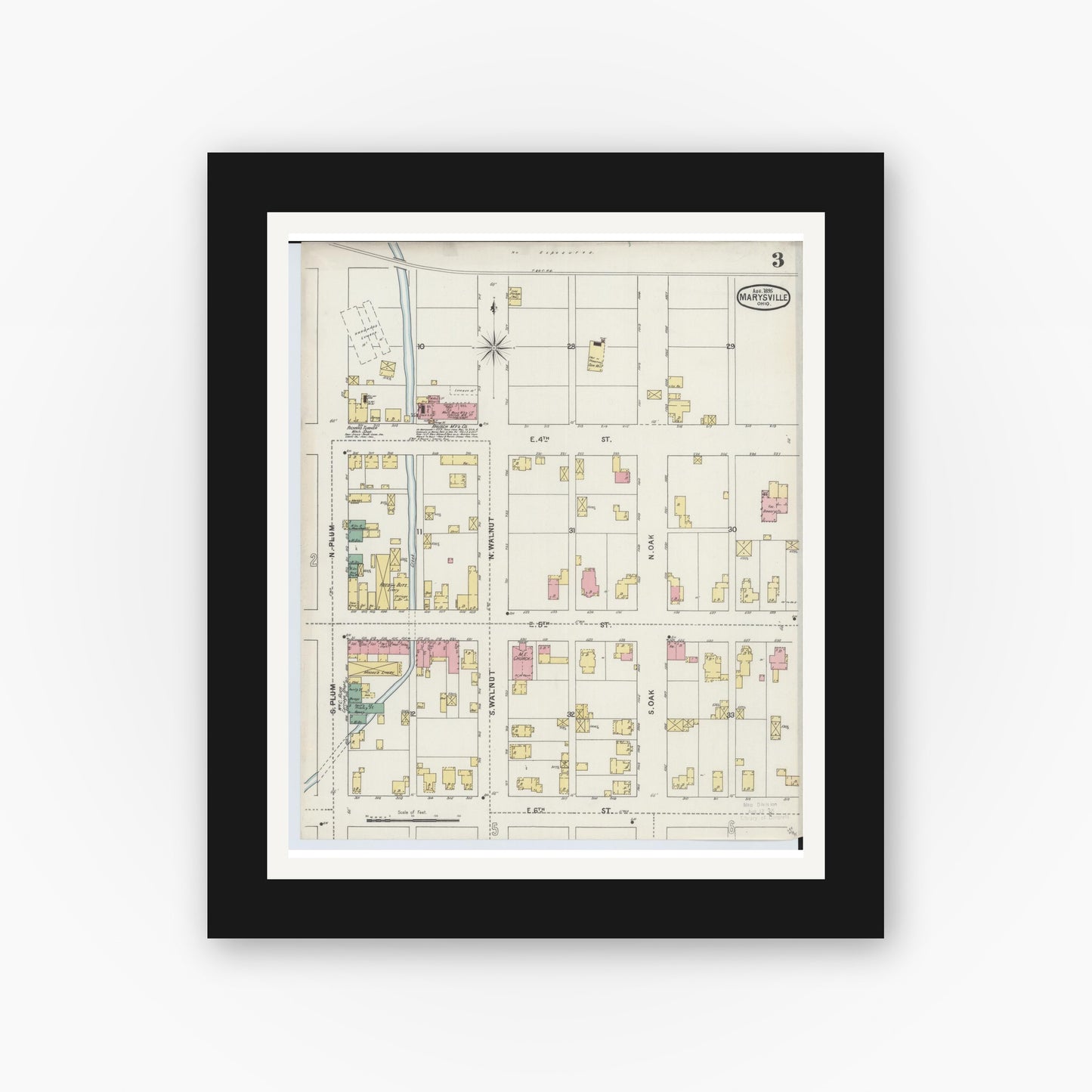 Old map wall art mockup — black gallery frame with white mat — Sanborn Fire Insurance Map from Marysville, Union County, Ohio (1895), Sheet #0003