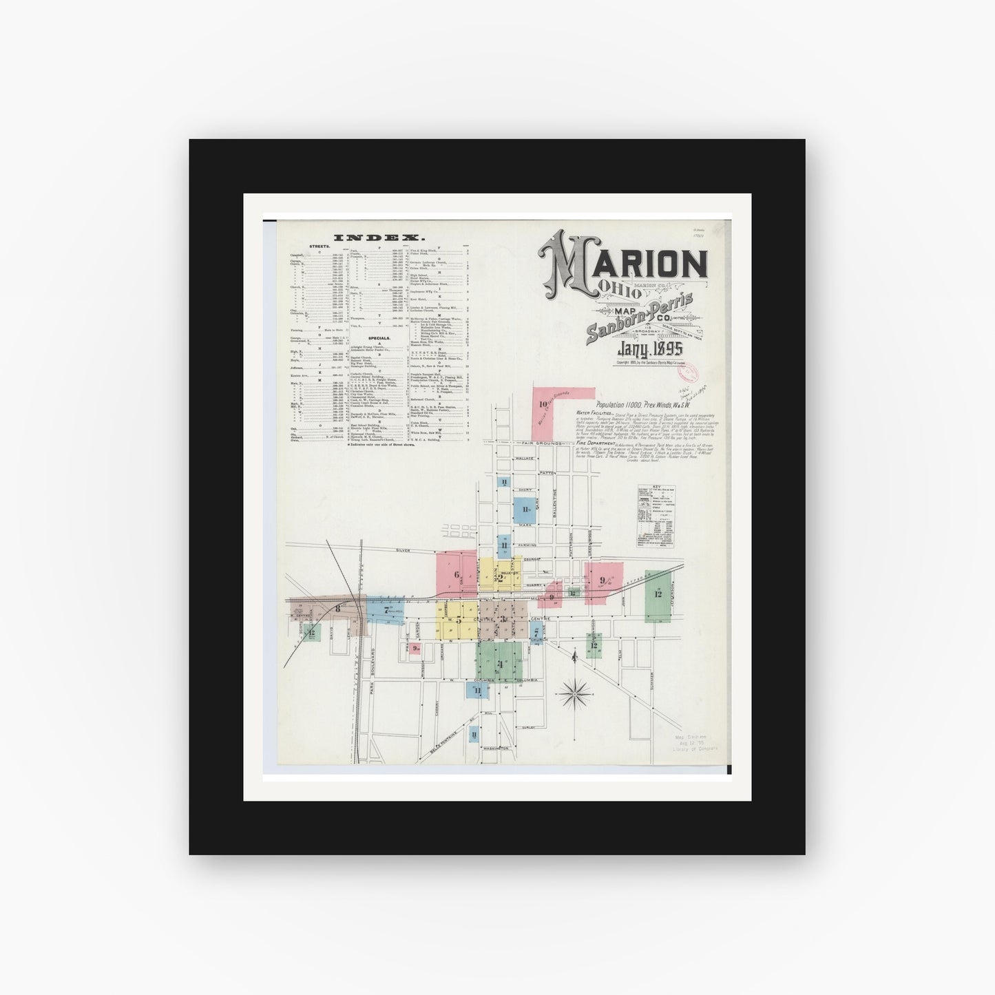 Old map wall art mockup — black gallery frame with white mat — Sanborn Fire Insurance Map from Marion, Marion County, Ohio (1895), Sheet #0001