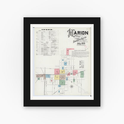 Old map wall art mockup — black gallery frame with white mat — Sanborn Fire Insurance Map from Marion, Marion County, Ohio (1895), Sheet #0001