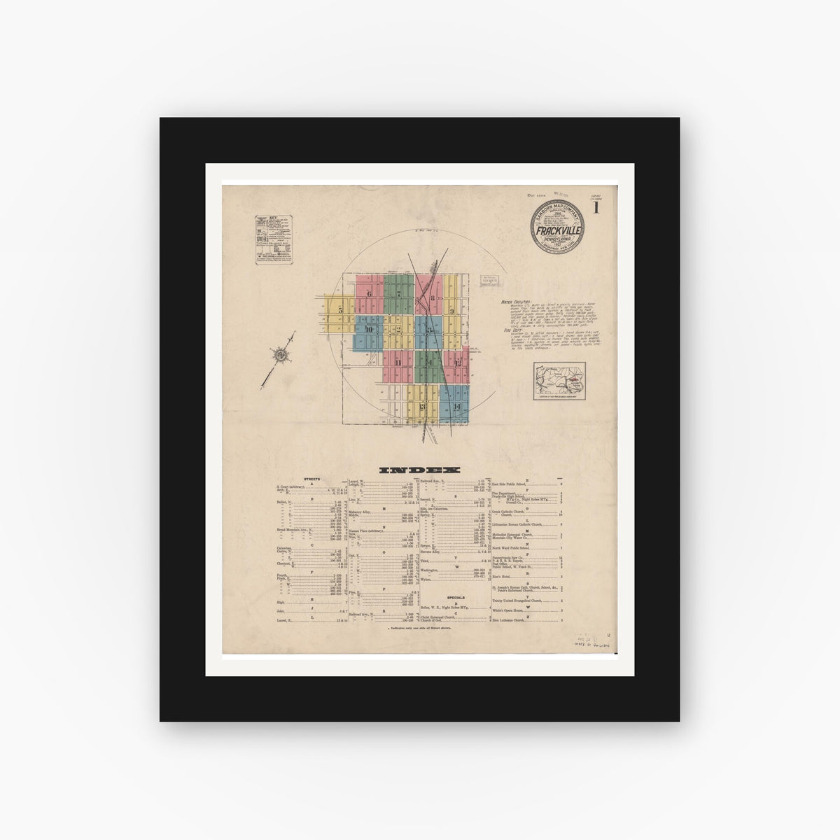 Old map wall art mockup — black gallery frame with white mat — Sanborn Fire Insurance Map from Frackville, Schuylkill County, Pennsylvania (1921) - Complete Map Set