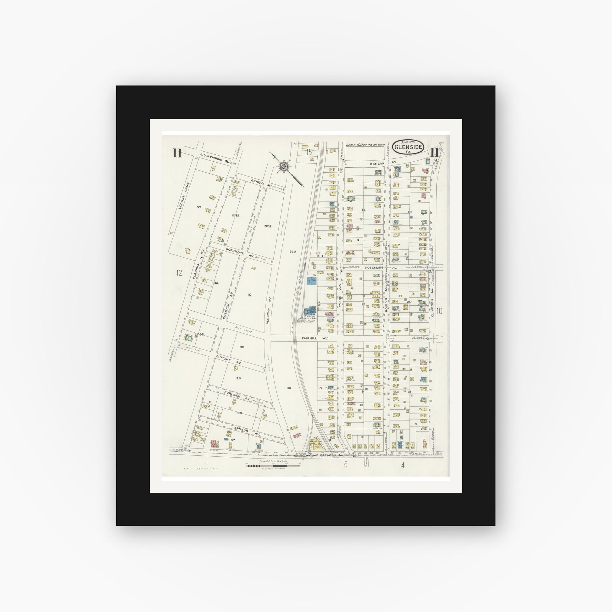 Old map wall art mockup — black gallery frame with white mat — Sanborn Fire Insurance Map from Glenside, Montgomery County, Pennsylvania (1925), Sheet #0011