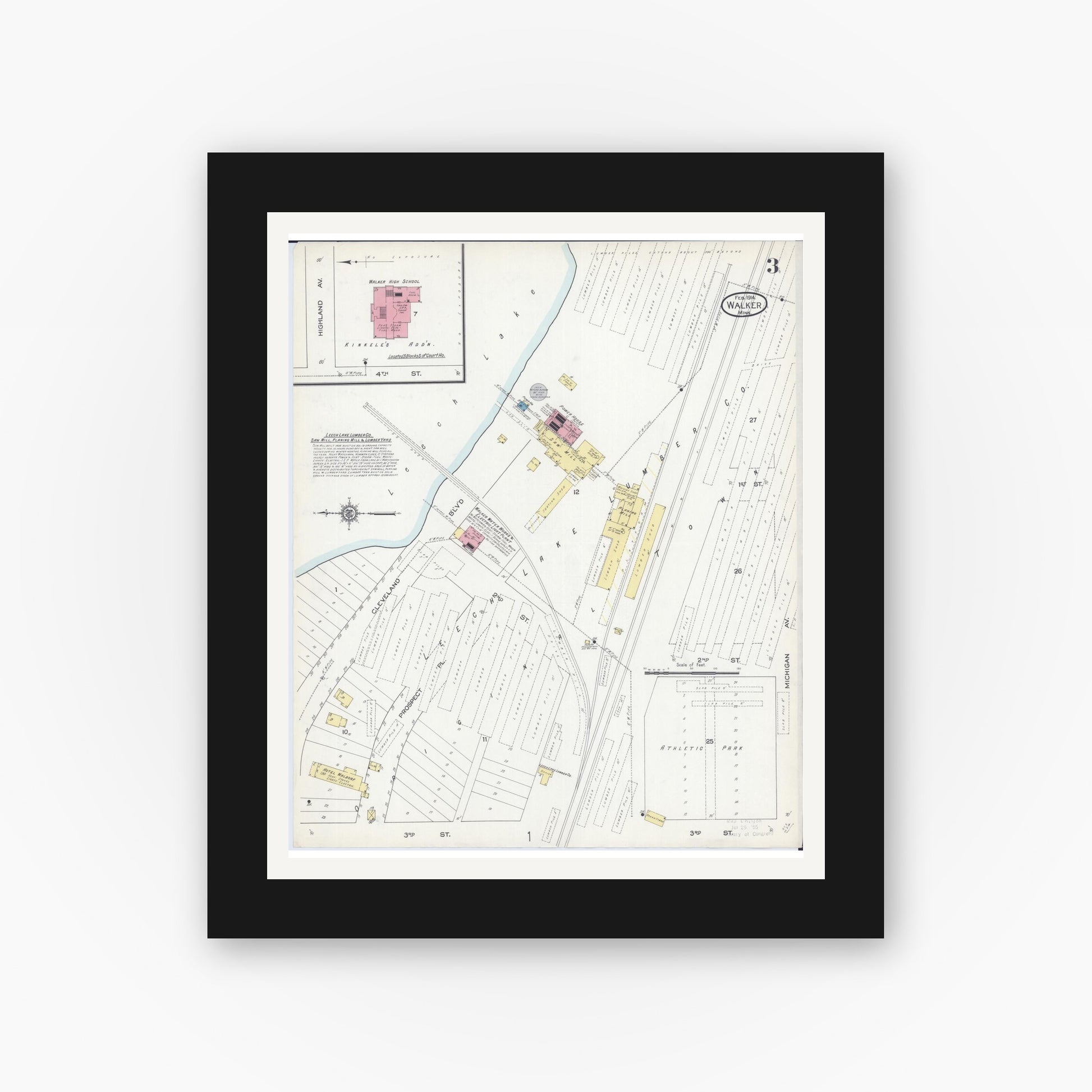 Old map wall art mockup — black gallery frame with white mat — Sanborn Fire Insurance Map from Walker, Cass County, Minnesota (1914), Sheet #0003