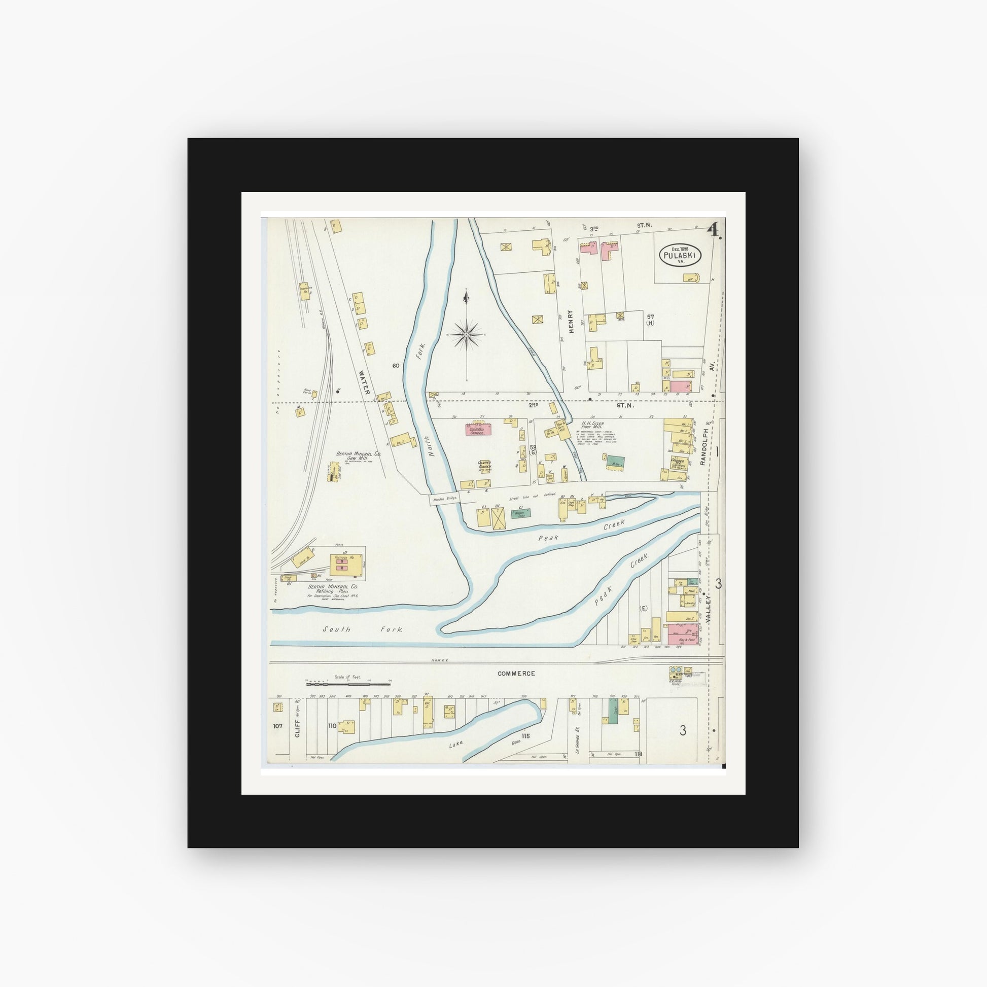 Old map wall art mockup — black gallery frame with white mat — Sanborn Fire Insurance Map from Pulaski, Pulaski County, Virginia (1898), Sheet #0004