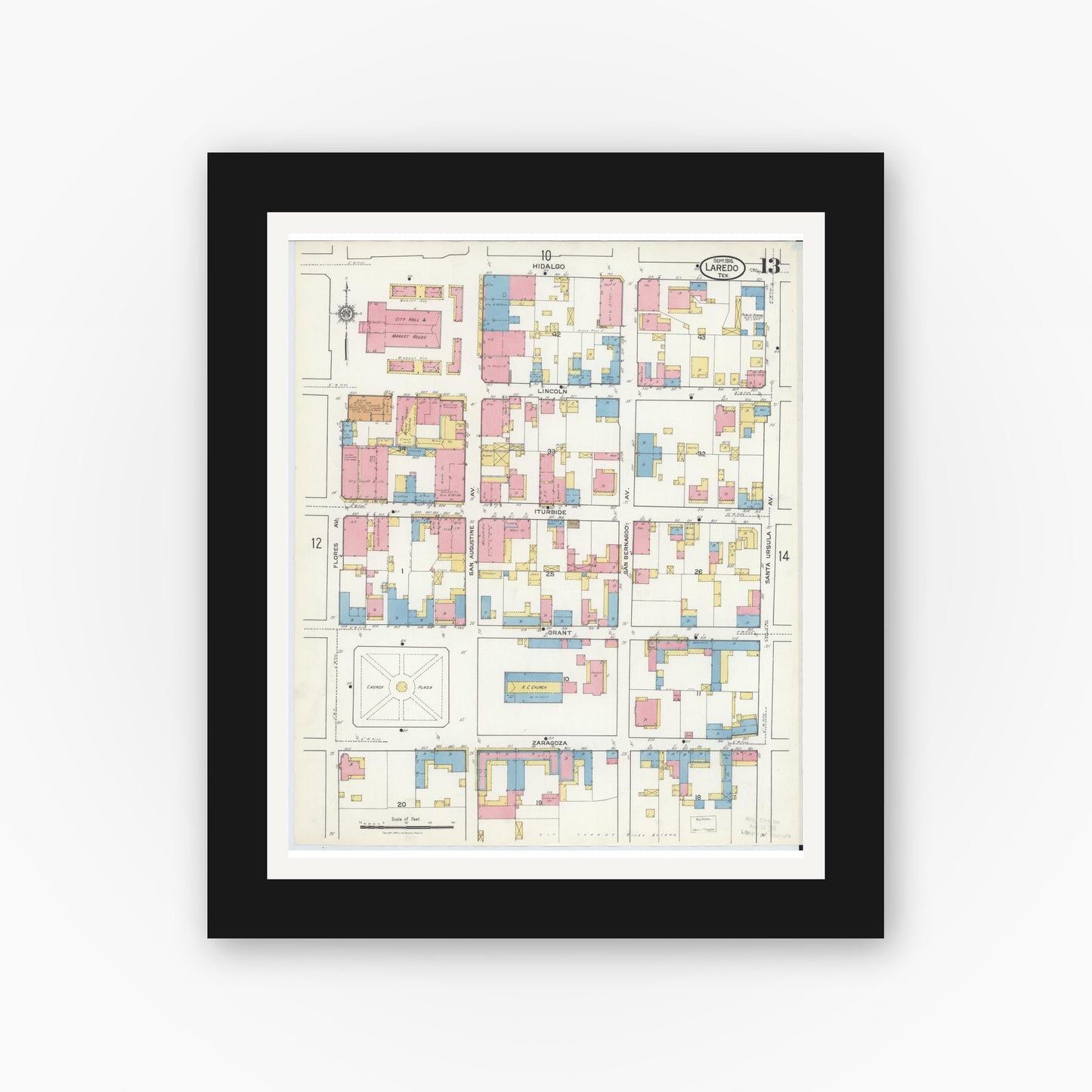 Old map wall art mockup — black gallery frame with white mat — Sanborn Fire Insurance Map from Laredo, Webb County, Texas (1916), Sheet #0013