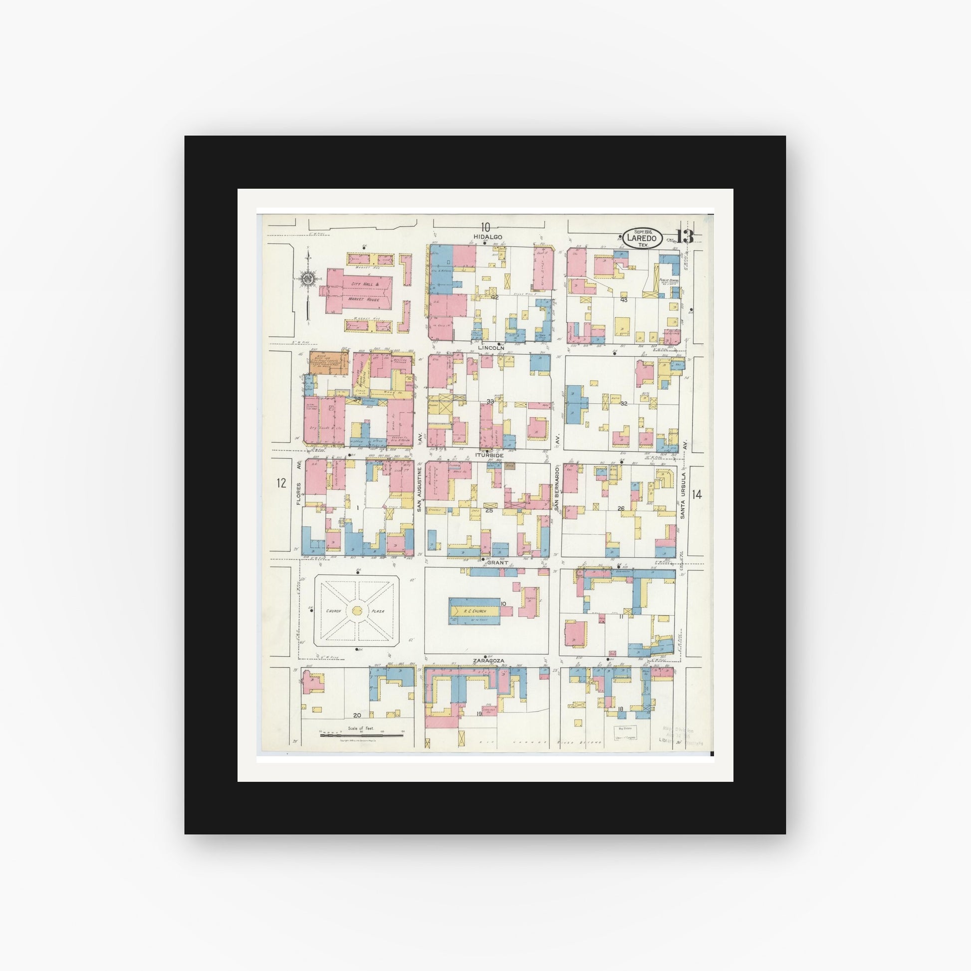 Old map wall art mockup — black gallery frame with white mat — Sanborn Fire Insurance Map from Laredo, Webb County, Texas (1916), Sheet #0013