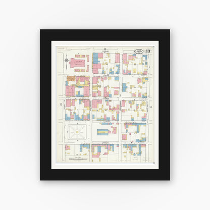 Old map wall art mockup — black gallery frame with white mat — Sanborn Fire Insurance Map from Laredo, Webb County, Texas (1916), Sheet #0013